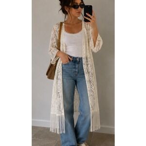 Questions Ivory Lace Longline Kimono Cardigan with Fringe Trim Boho Cream 3X